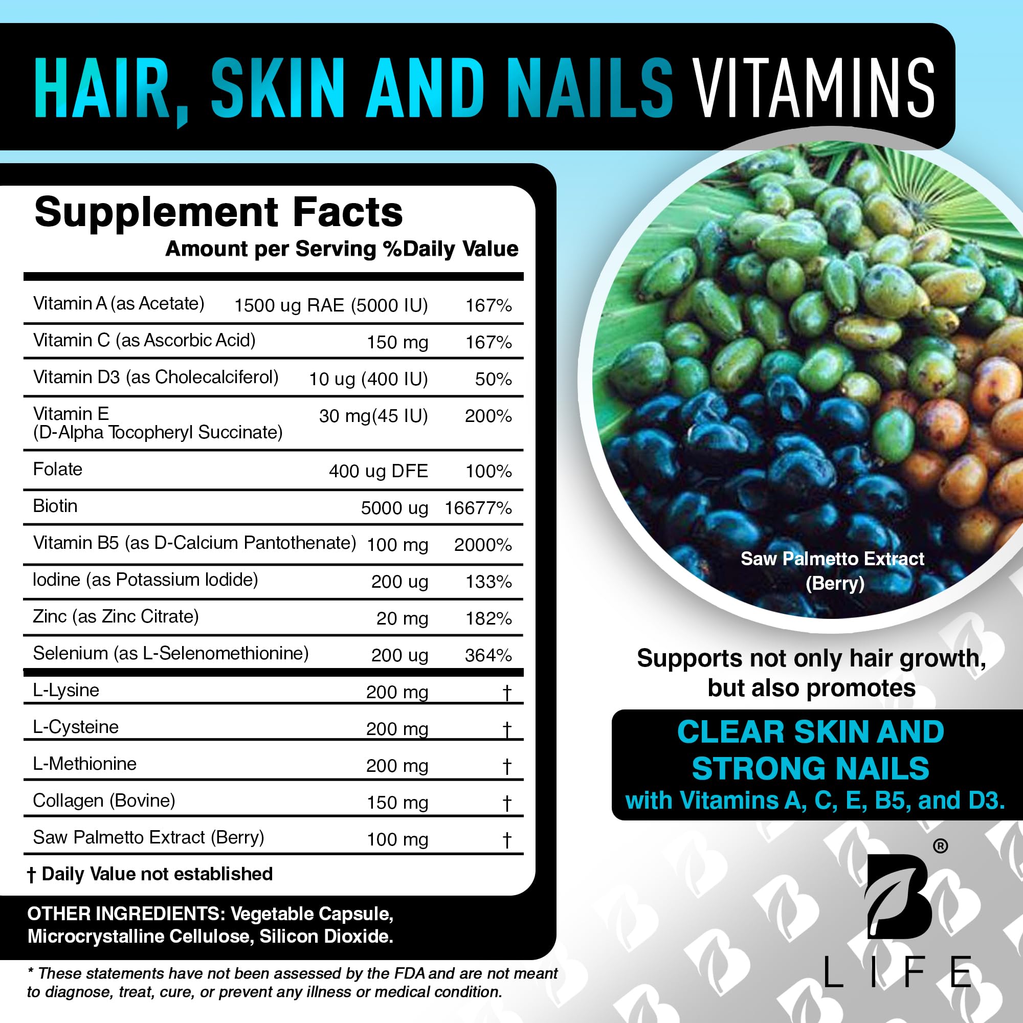 B Life Company vitamins tablets on shelf for skin and nails support