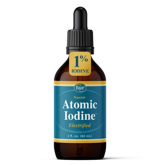 Baar Atomic Iodine bottle pour shows electrified nascent iodine for external use.