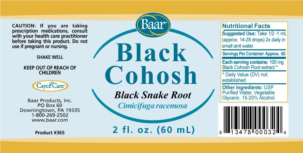 Baar Black Cohosh Fluid Extract label close-up with ingredient information.