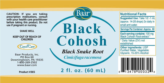 Baar Black Cohosh Fluid Extract label close-up with ingredient information.