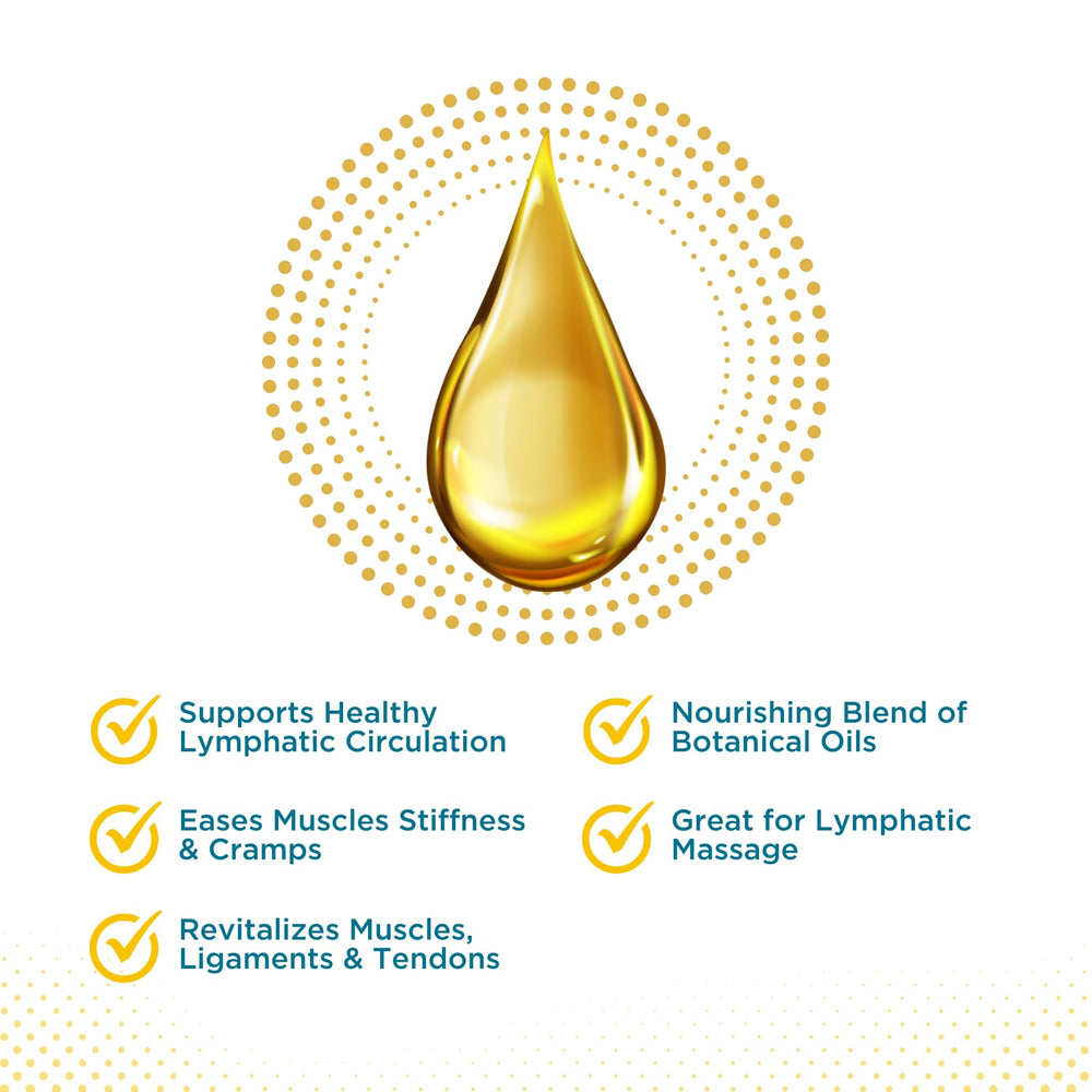 Baar LymphoCare bottle closeup highlighting rich oil blend for skin nourishment
