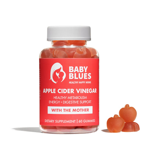 Baby Blues ACV postpartum gummies bottle for convenient energy support.