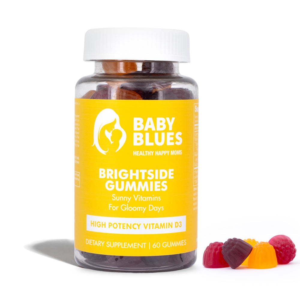 Baby Blues Brightside bottle pouring gummies, supporting daily immune and mood wellness.