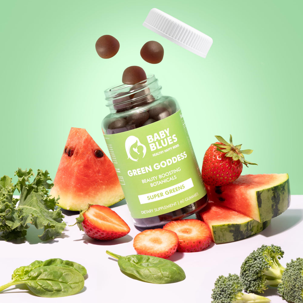 Baby Blues Green Goddess Gummies ingredients close-up featuring spirulina and acai.