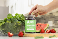 Baby Blues Green Goddess Gummies label close-up highlights greens and antioxidant-rich ingredients.