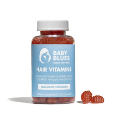 Baby Blues postpartum vitamins bottle packaging on shelf for hair support