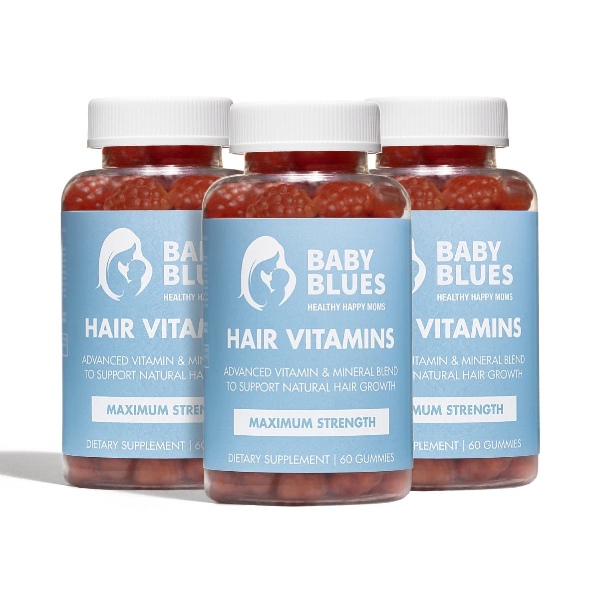 Baby Blues postpartum hair loss vitamins bottle with label for daily use to support hair cycle.