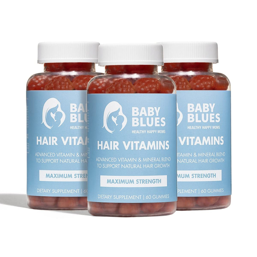 Baby Blues postpartum hair loss vitamins bottle with label for daily use to support hair cycle.