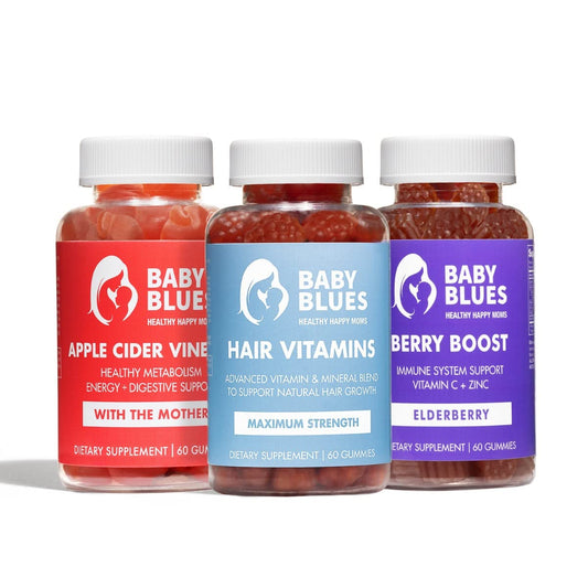 Baby Blues Postpartum Pack bottle closeup showing tasty gummies for hair support and energy