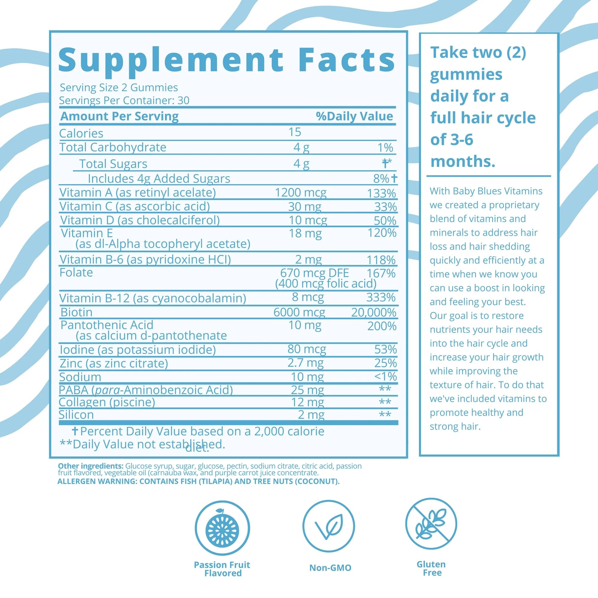 Baby Blues label closeup; packaging notes Non-GMO and gluten-free attributes