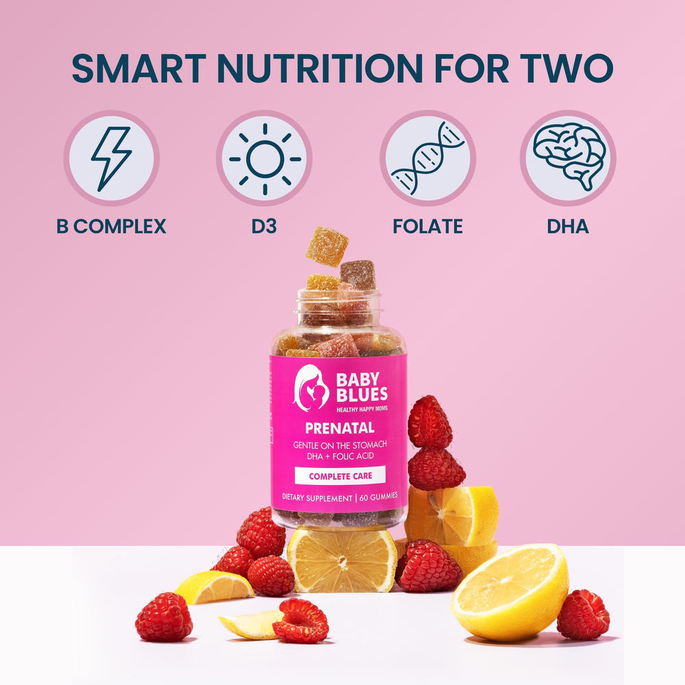 DHA and EPA omega-3 in Baby Blues gummies for fetal brain and nervous system support.