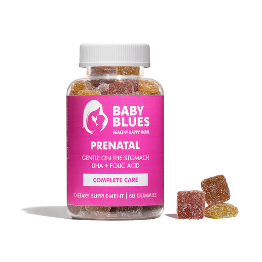 Baby Blues Prenatal Gummy bottle with Raspberry Lemonade flavor supports gentle prenatal nutrition.