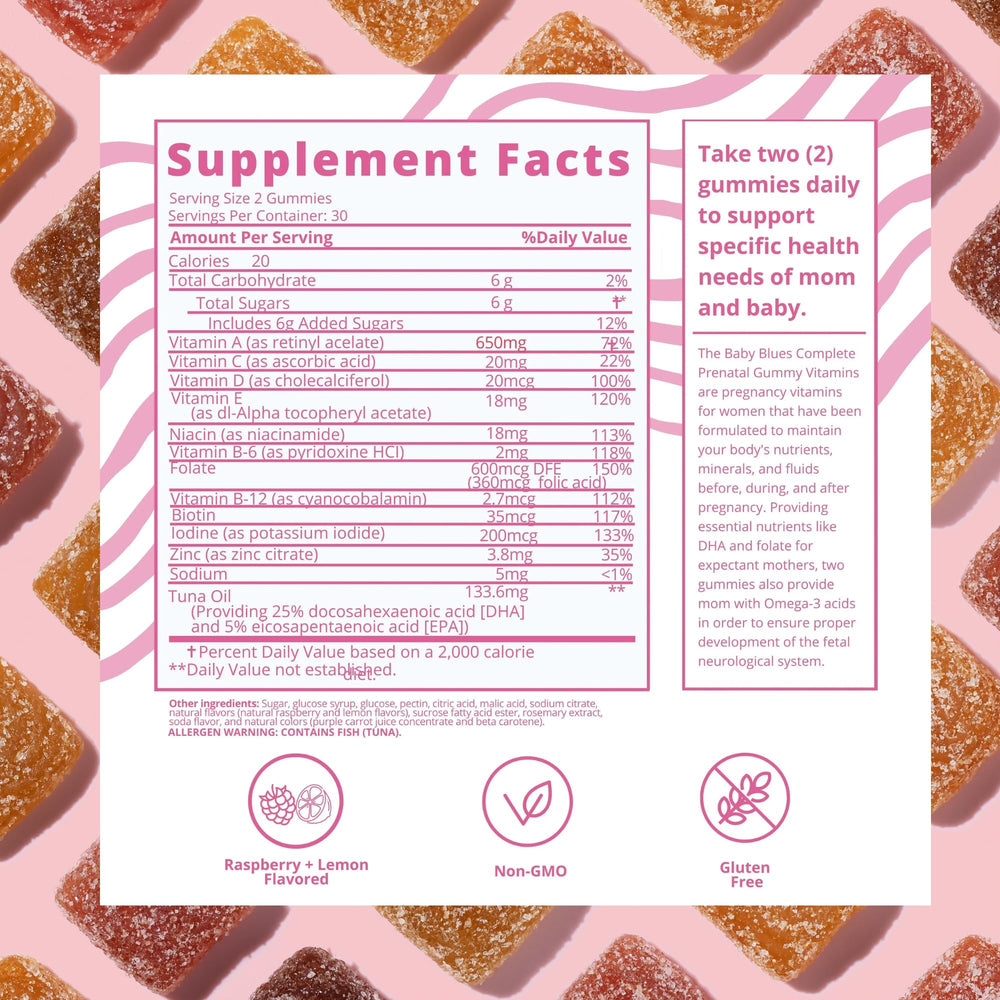 Non-GMO and gluten-free formula with no artificial colors in Baby Blues prenatal gummies.