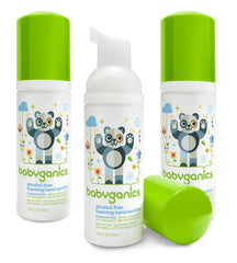 Babyganics alcohol-free foaming sanitizer pump bottle, ready for busy families.