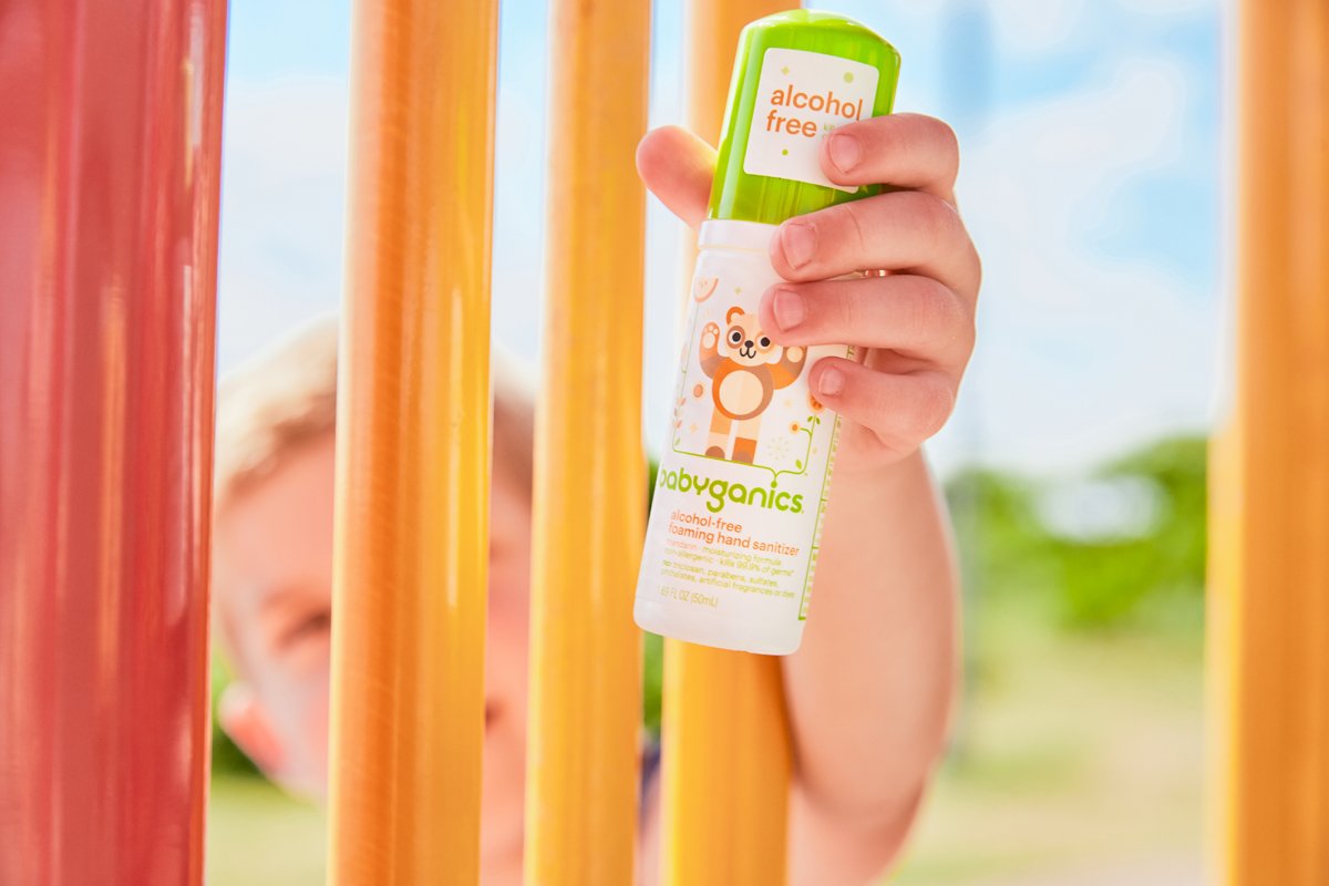 Fragrance-free label highlighted on Babyganics bottle for sensitive skin.