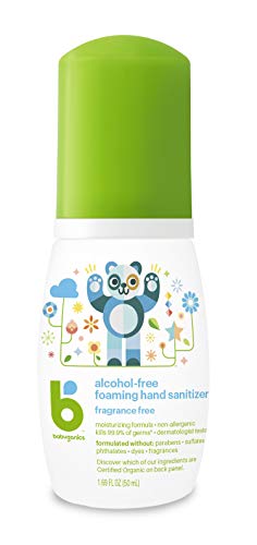 Label close-up on Babyganics sanitizer showing fragrance-free and alcohol-free formula.
