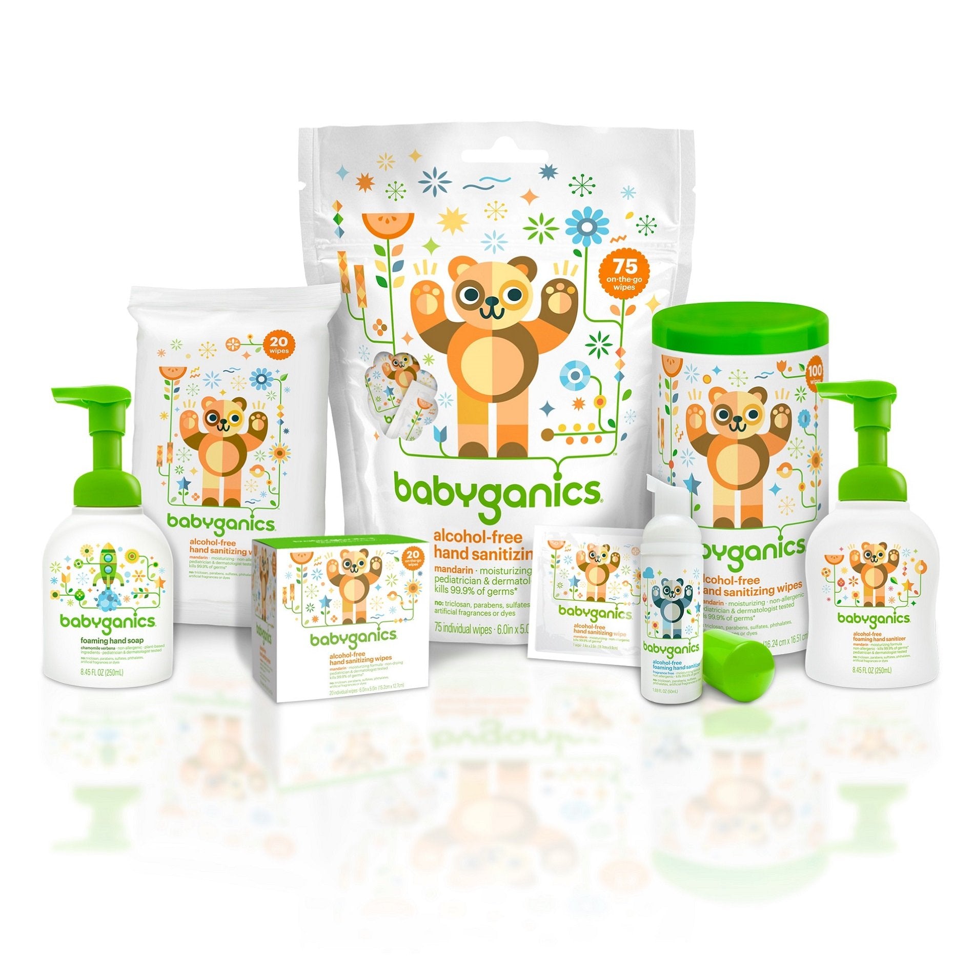 Babyganics pack of three sanitizers for home and travel convenience.