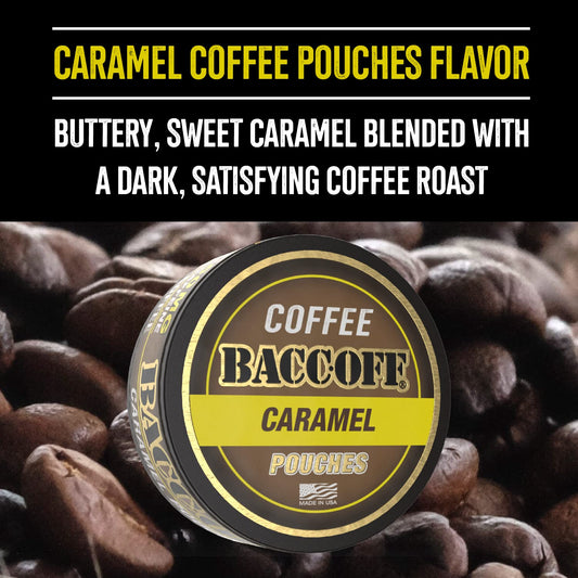 BACC OFF caramel coffee pouches close-up highlights smooth texture and flavor
