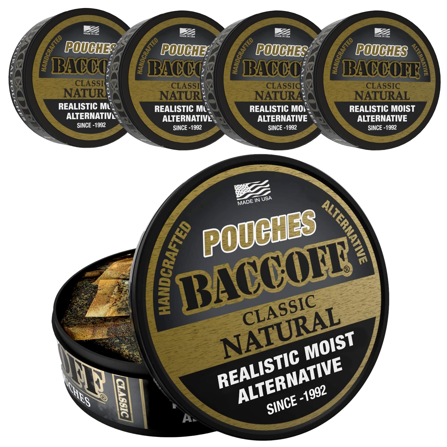 Bacc Off classic natural pouches - front view, smoky black tea flavor for discreet, flavorful sessions.