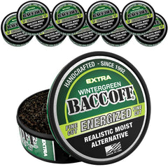 BACC OFF Extra Wintergreen Energized Fine Cut can front view with caffeine energy boost.
