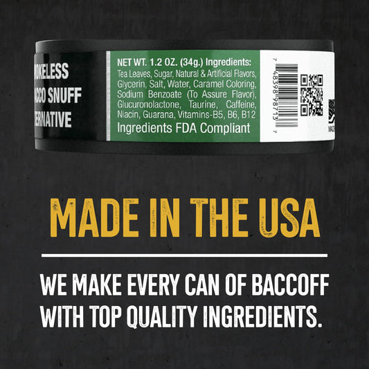 BACC OFF Extra Wintergreen Energized Fine Cut can side view showing bold branding.