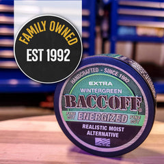 BACC OFF energized can on table top invites on-the-go use.