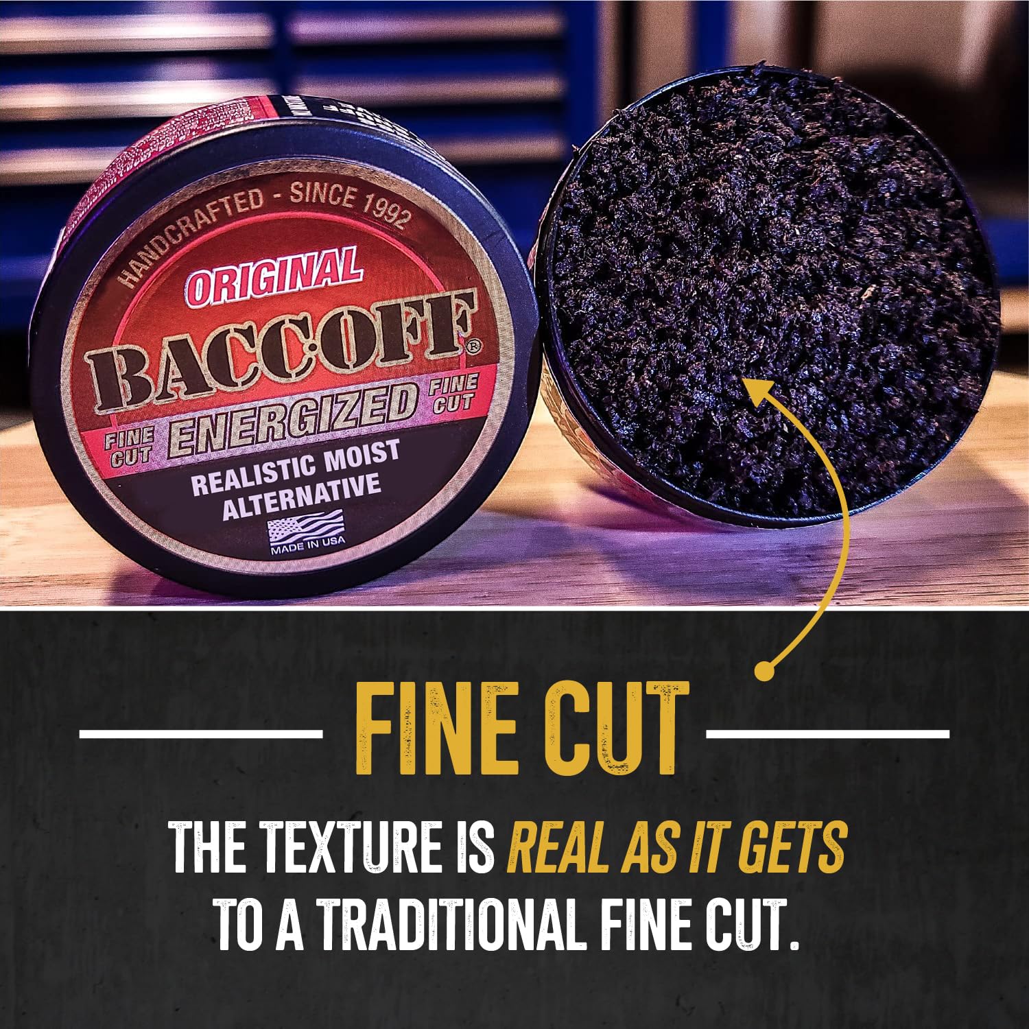 Display of five BACC OFF cans for convenient on-the-go energy.