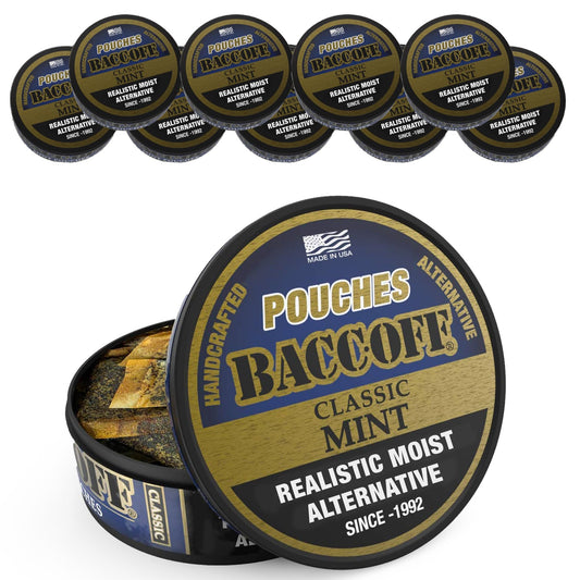 BACC OFF Mint Pouches in Can Label — crisp cooling, refreshing break.