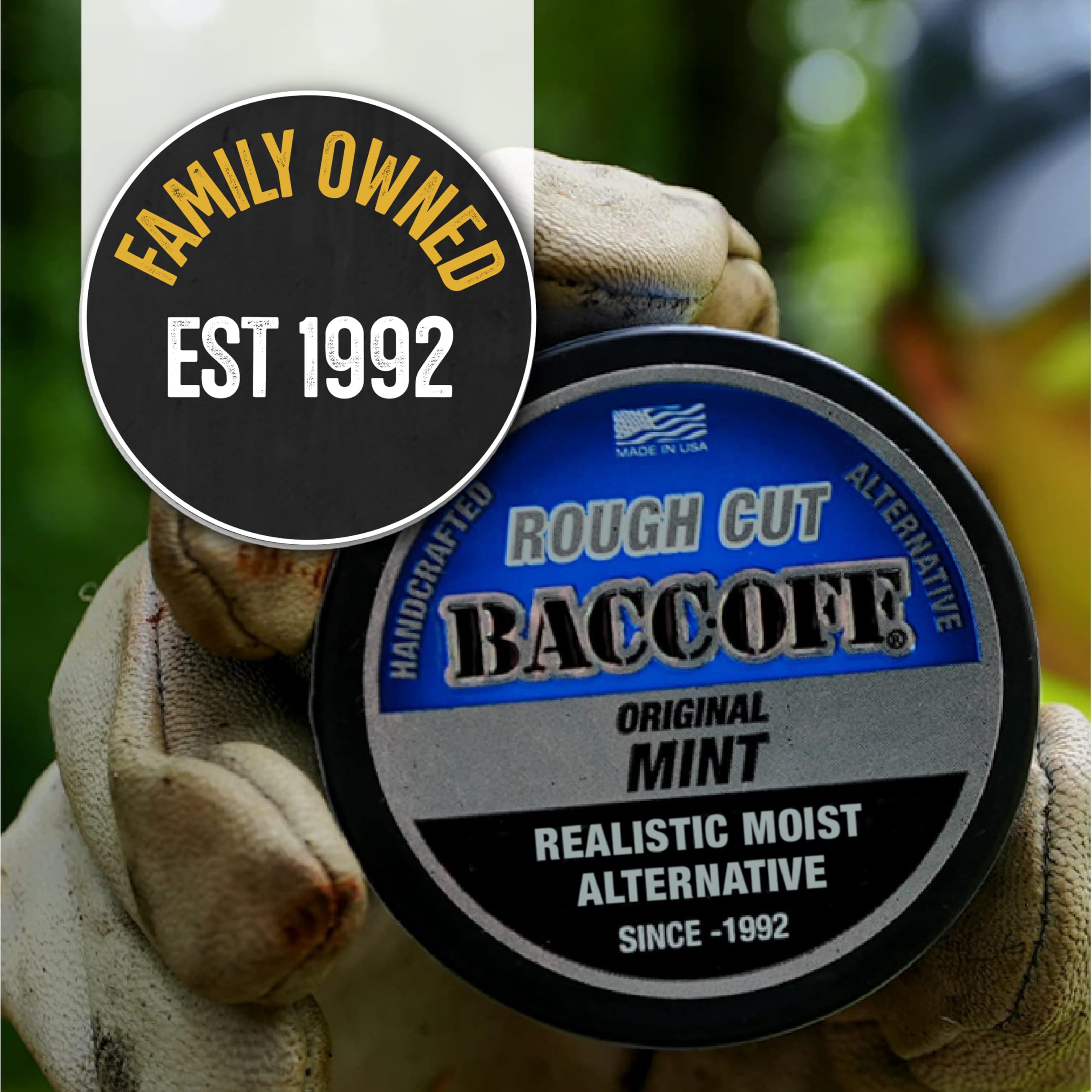 BACC OFF Mint Rough Cut family-owned brand conveys USA craftsmanship.