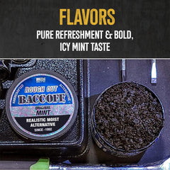 BACC OFF Mint Rough Cut packaging line displays product range.