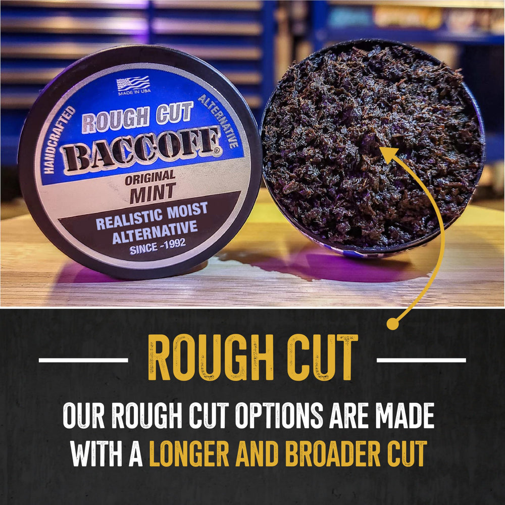 Packaging for BACC OFF Mint Rough Cut emphasizing American craftsmanship.