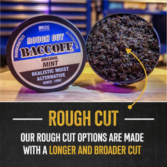 Packaging for BACC OFF Mint Rough Cut emphasizing American craftsmanship.