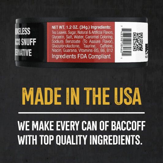 Close-up of BACC OFF Original Energized label showing caffeine and B vitamins.