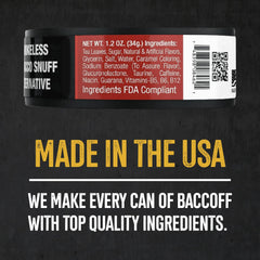 Close-up of BACC OFF Original Energized label showing caffeine and B vitamins.