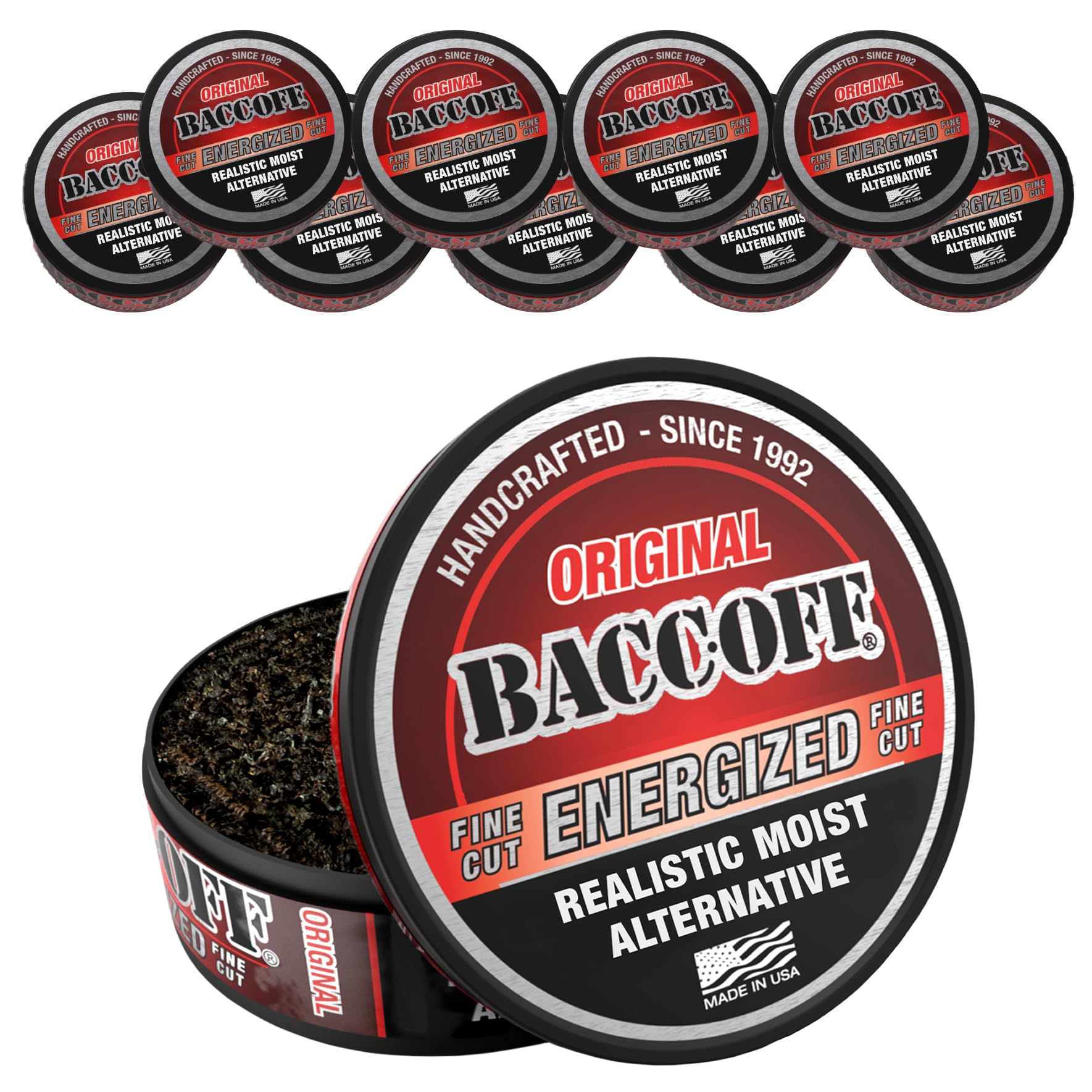 BACC OFF Original Energized Fine Cut cans front display bold smoky flavor and energy option.