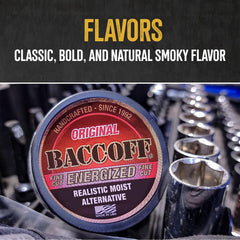 BACC OFF Original Energized Fine Cut label closeup emphasizes classic, quality branding.