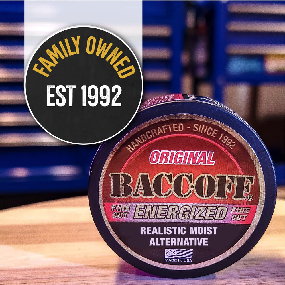 BACC OFF Original Energized Fine Cut pack shot illustrates convenient 10-can pack for travel.