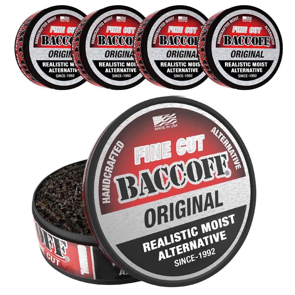 BACC OFF Original Fine Cut five cans on display, bold smoky black tea flavor for a familiar taste.