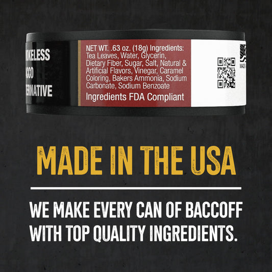 BACC OFF straight pouches closeup highlights authentic black tea base flavor.
