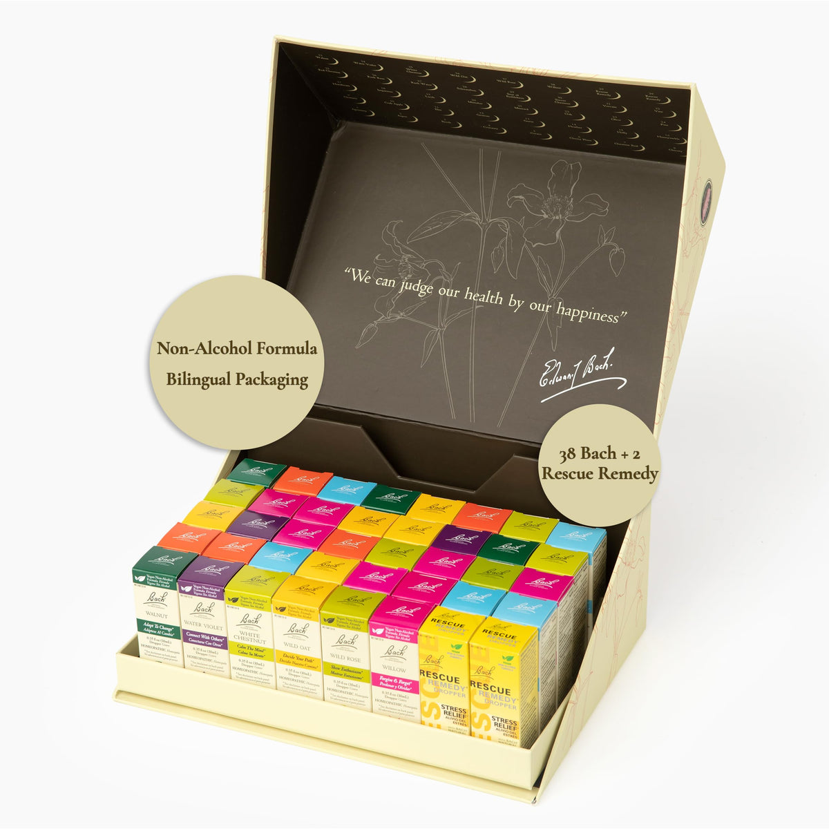 Bach Full Set bottles showcase 38 flower remedies for emotional balance at home