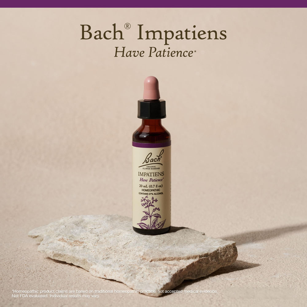 Label close-up showing flower essence origin and Bach heritage.