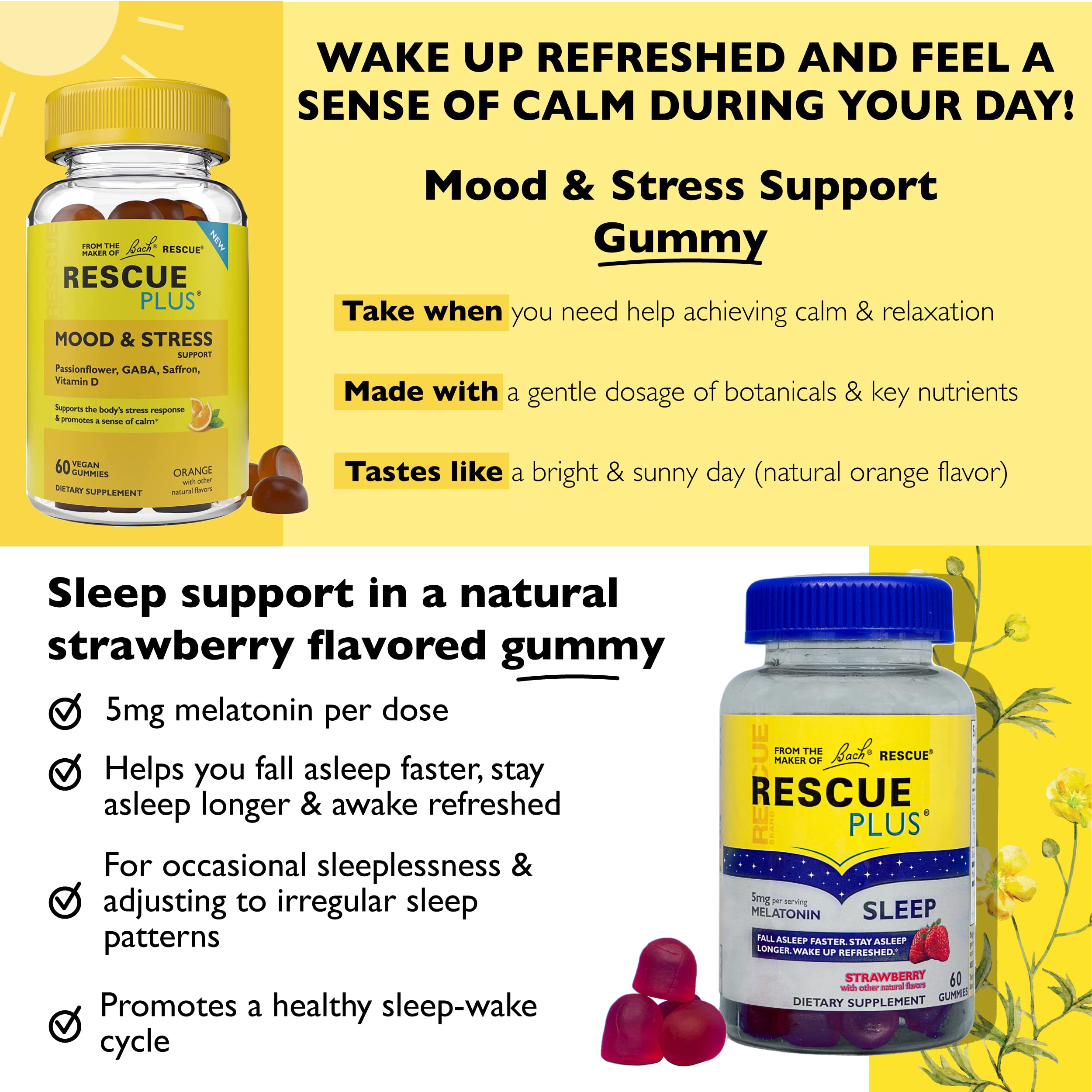 Bach Rescue Plus Mood & Stress Gummies label notes vegan, non-habit forming ingredients.