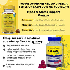 Bach Rescue Plus Mood & Stress Gummies label notes vegan, non-habit forming ingredients.