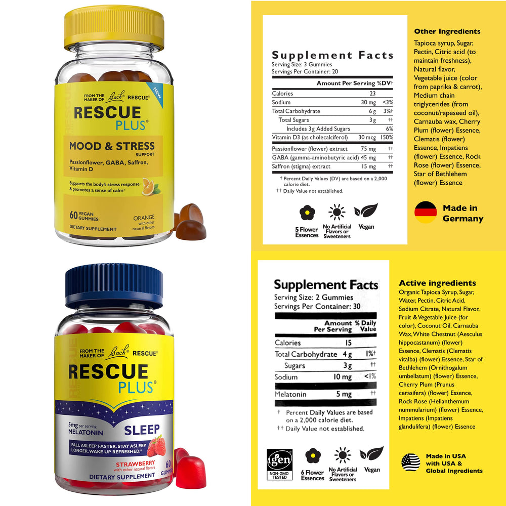 Bach Rescue Plus Mood & Stress Gummies pack shows natural blend for daily resilience.
