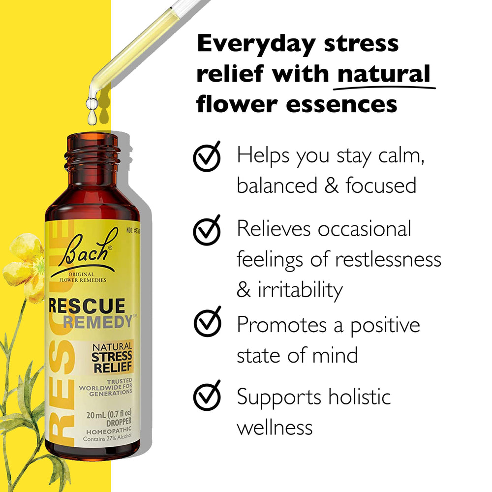 Bach Rescue Remedy Dropper bottle displayed, quick stress relief anytime
