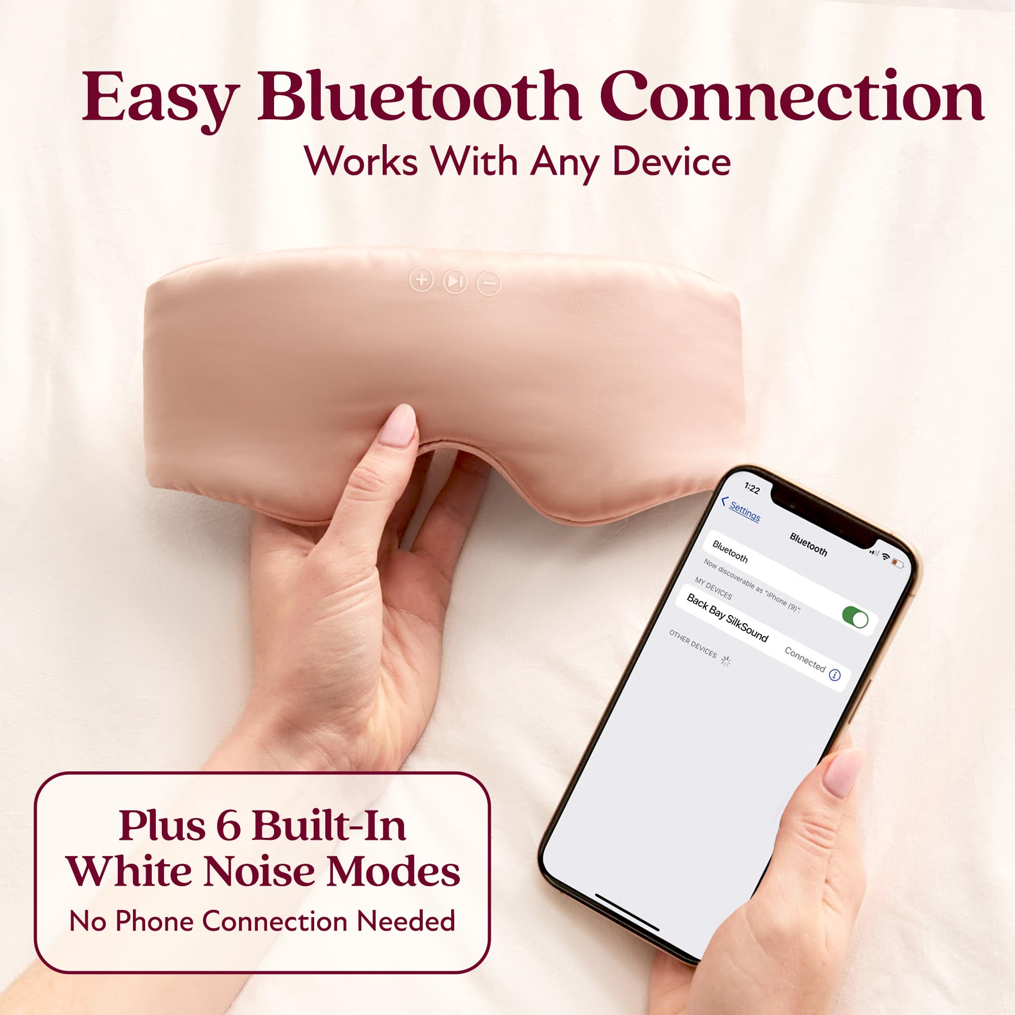 Back Bay Audio SilkSound built-in-sleep-timer-eye-mask for automatic music stop.