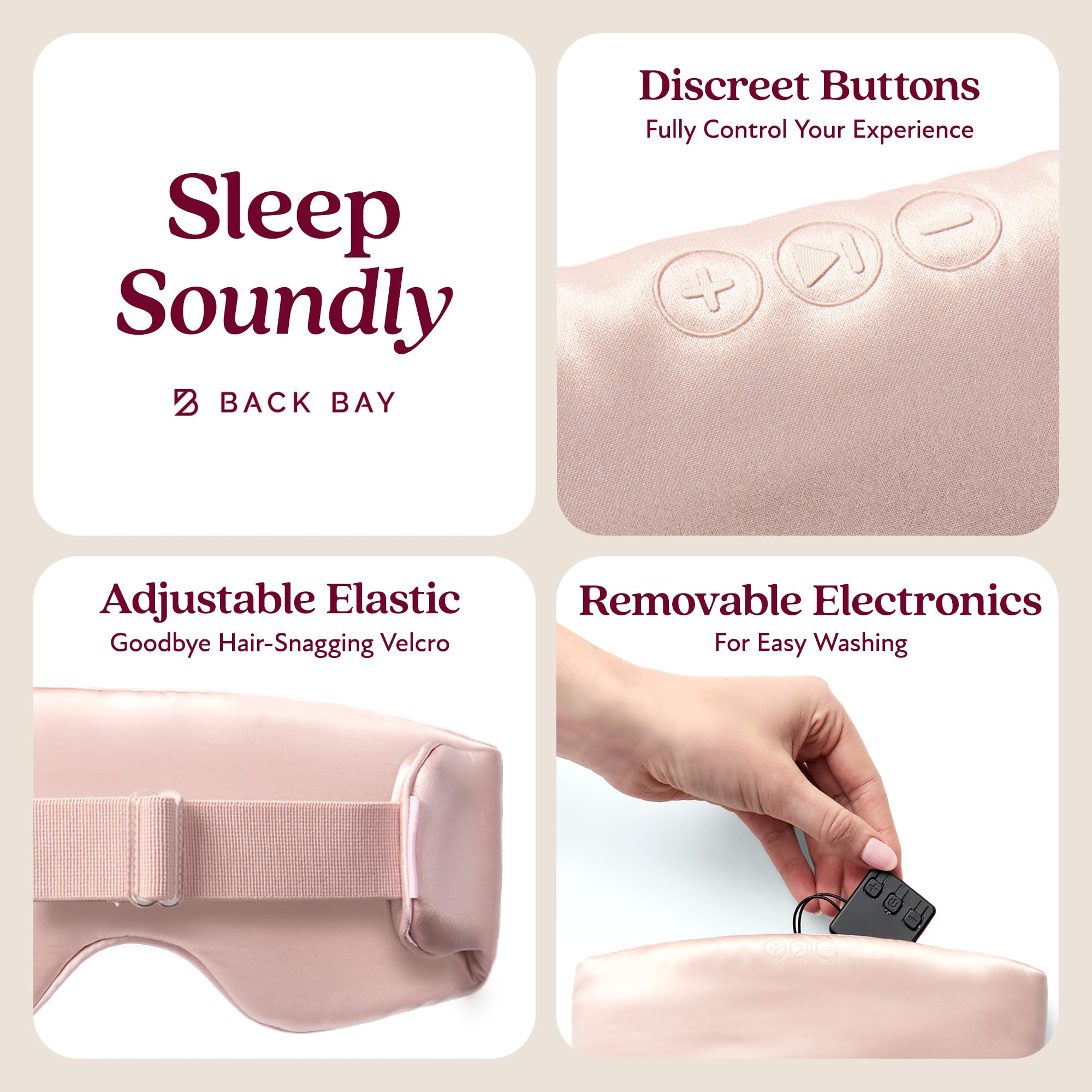 Back Bay Audio SilkSound white-noise-modes-eye-mask for ambient sound options.