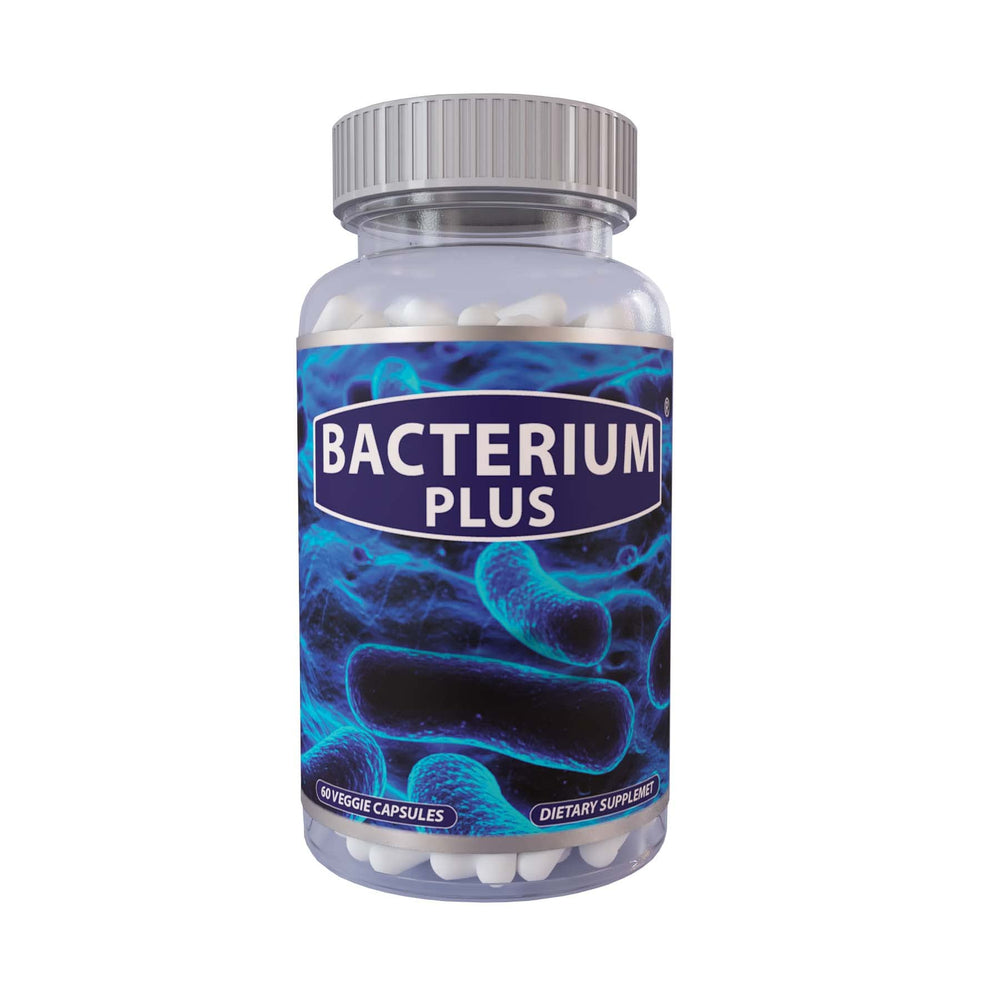 BACTERIUM PLUS bottle front label highlights digestive balance support