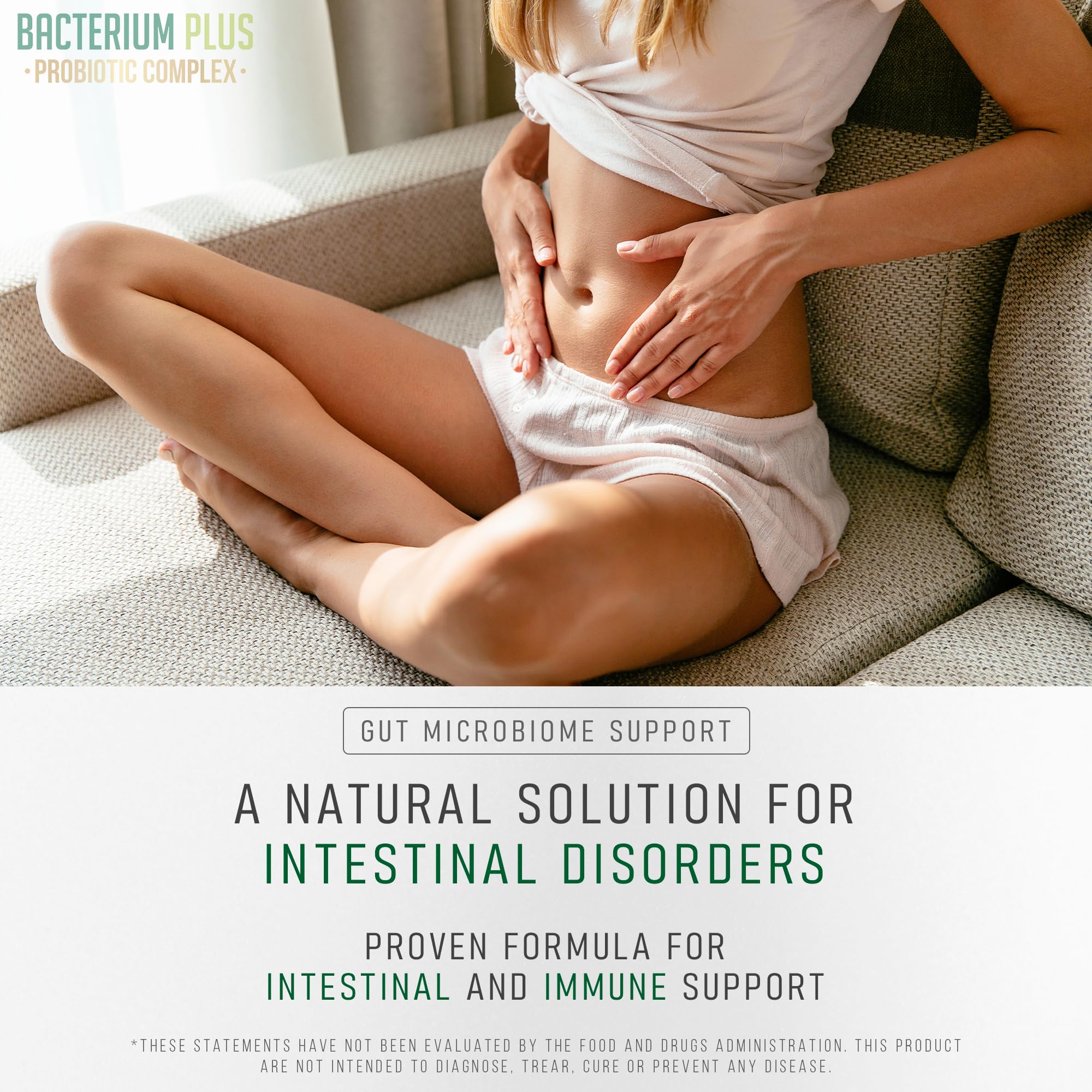 BACTICURE Bacterium Plus capsules on countertop illustrating convenient daily intake