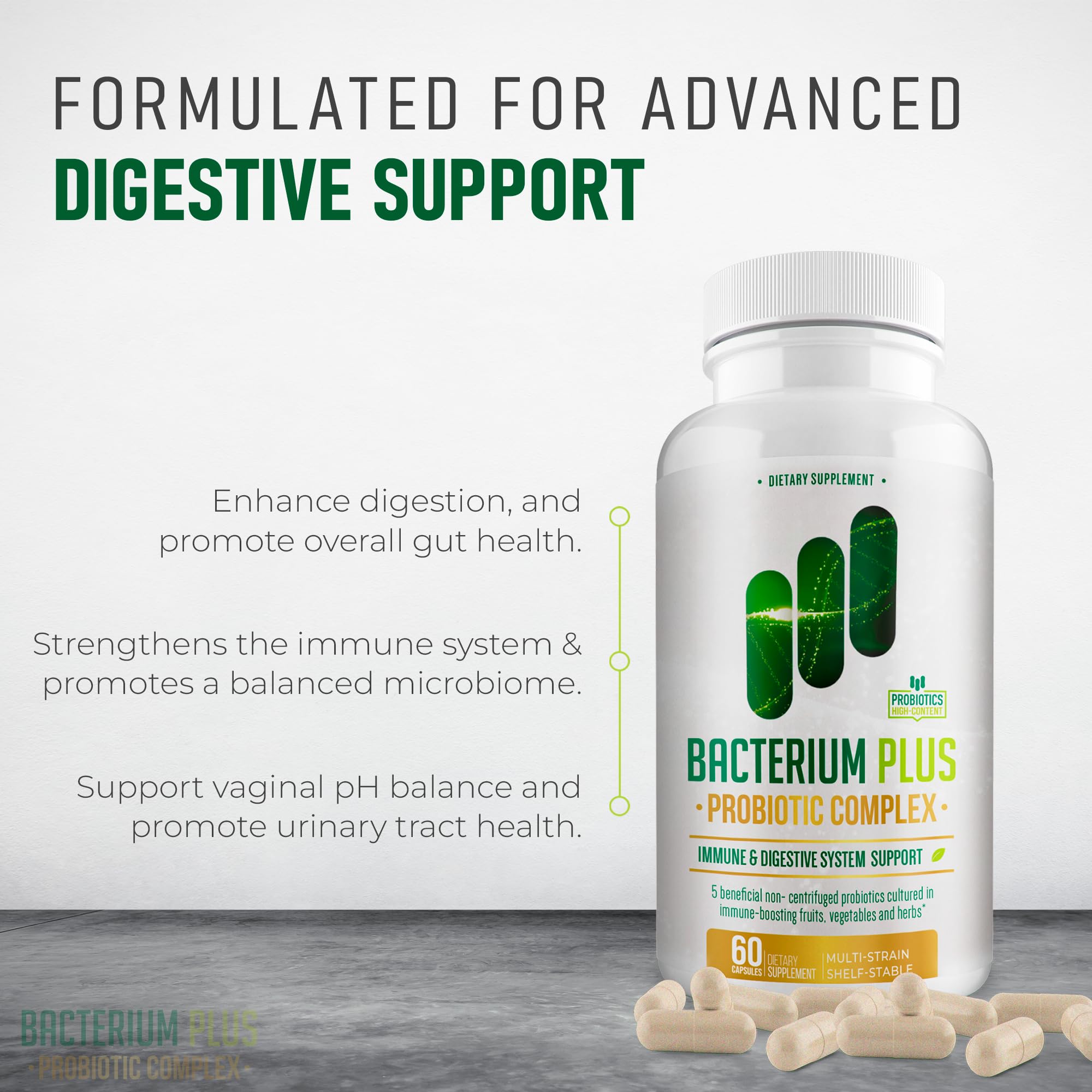 BACTICURE Bacterium Plus capsules close-up highlighting plant-based probiotic support